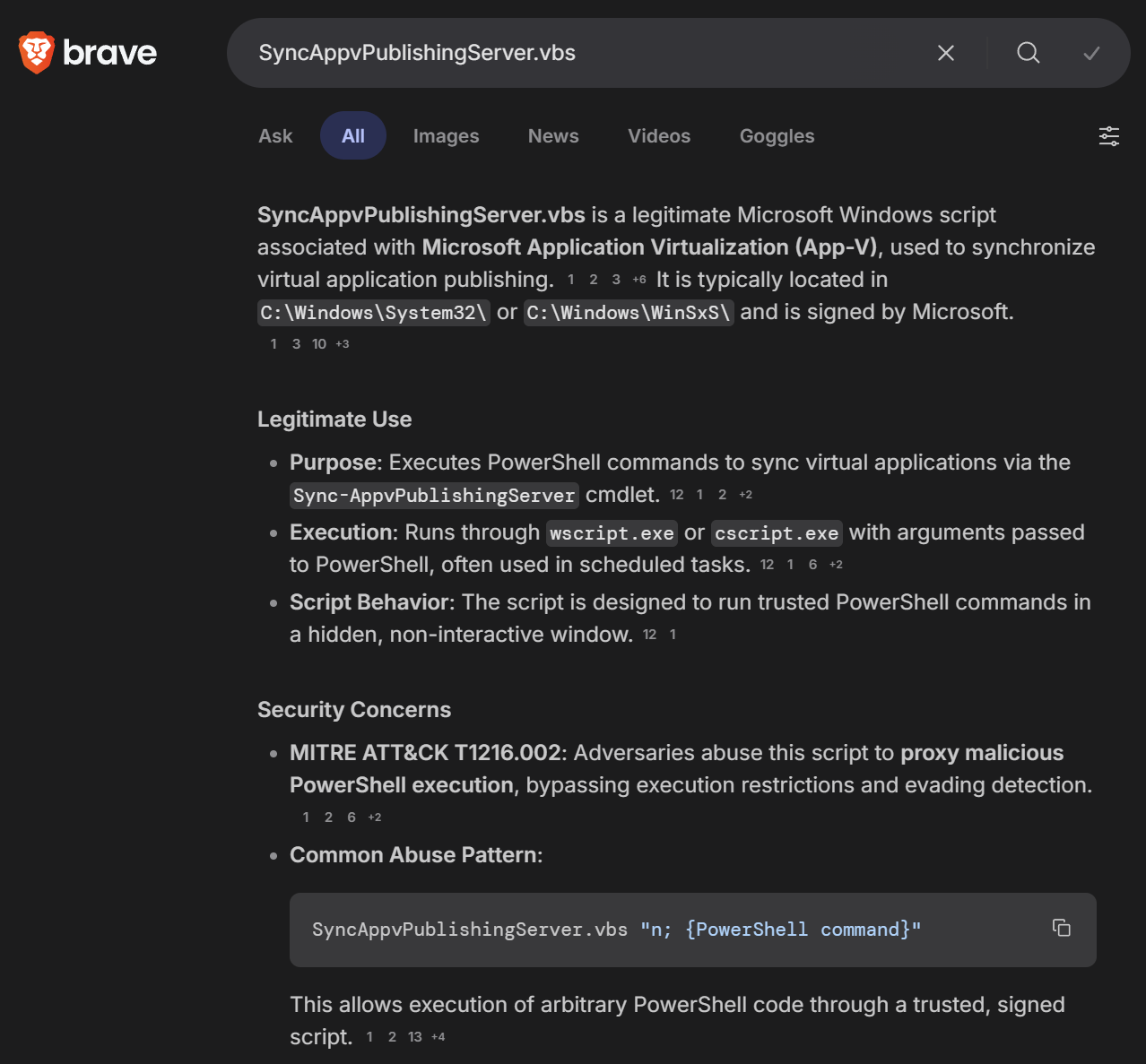 A Brave Search result for "SyncAppvPublishingServer.vbs"