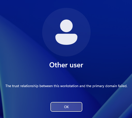 The error message "The trust relationship between this workstation and the primary domain failed" from Windows