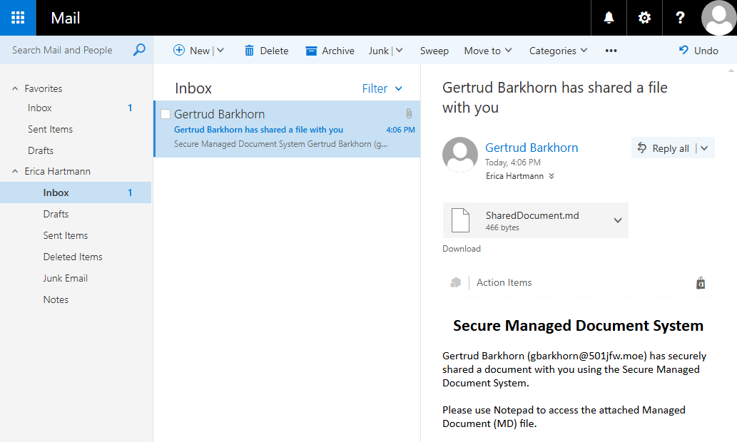 The phishing email with the Markdown attachment
