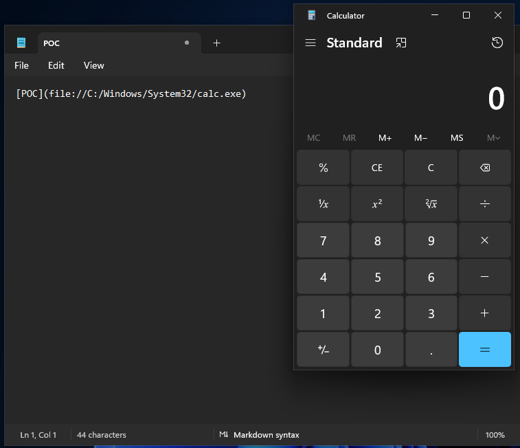 The Windows Calculator launching from Notepad