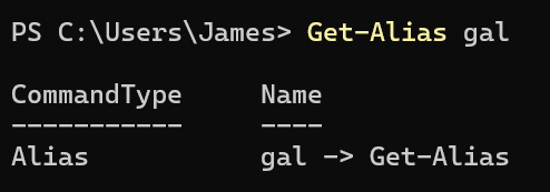 Running "Get-Alias" on "gal", which returns "Get-Alias"