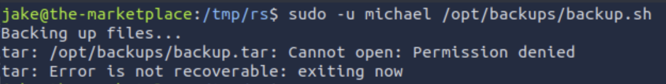 Error from tar: "/opt/backups/backup.tar: Cannot open: Permission denied"