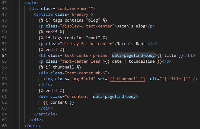 The template responsible for displaying posts, with the new attribute added for the PageFind index