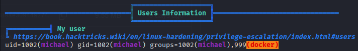 LinPEAS finding "michael" as a member of the "docker" group