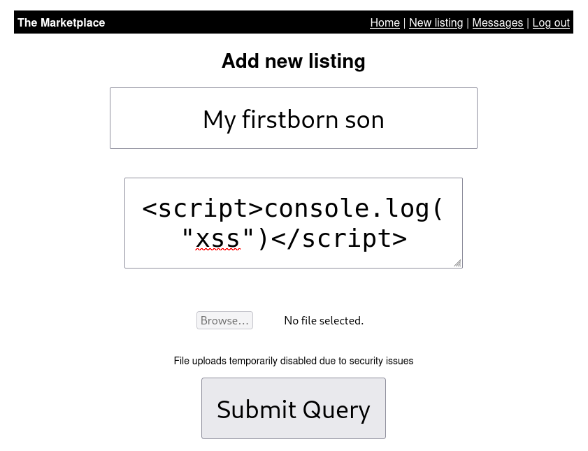 A simple XSS payload using "console.log" in the "new listing" page