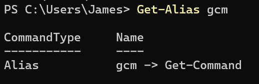 Running "Get-Alias" on "gcm", which returns "Get-Command"