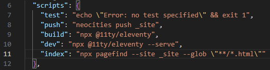 My 11ty NPM scripts, with the new "index" script added