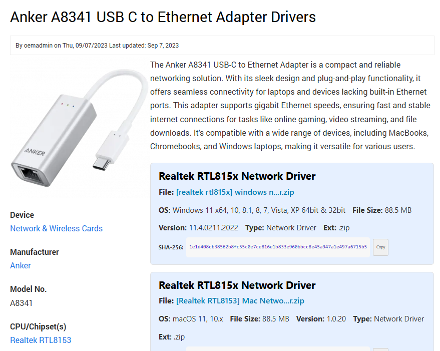 A web page with information on the Anker A8341, with the Realtek RTL8153 listed as the chipset