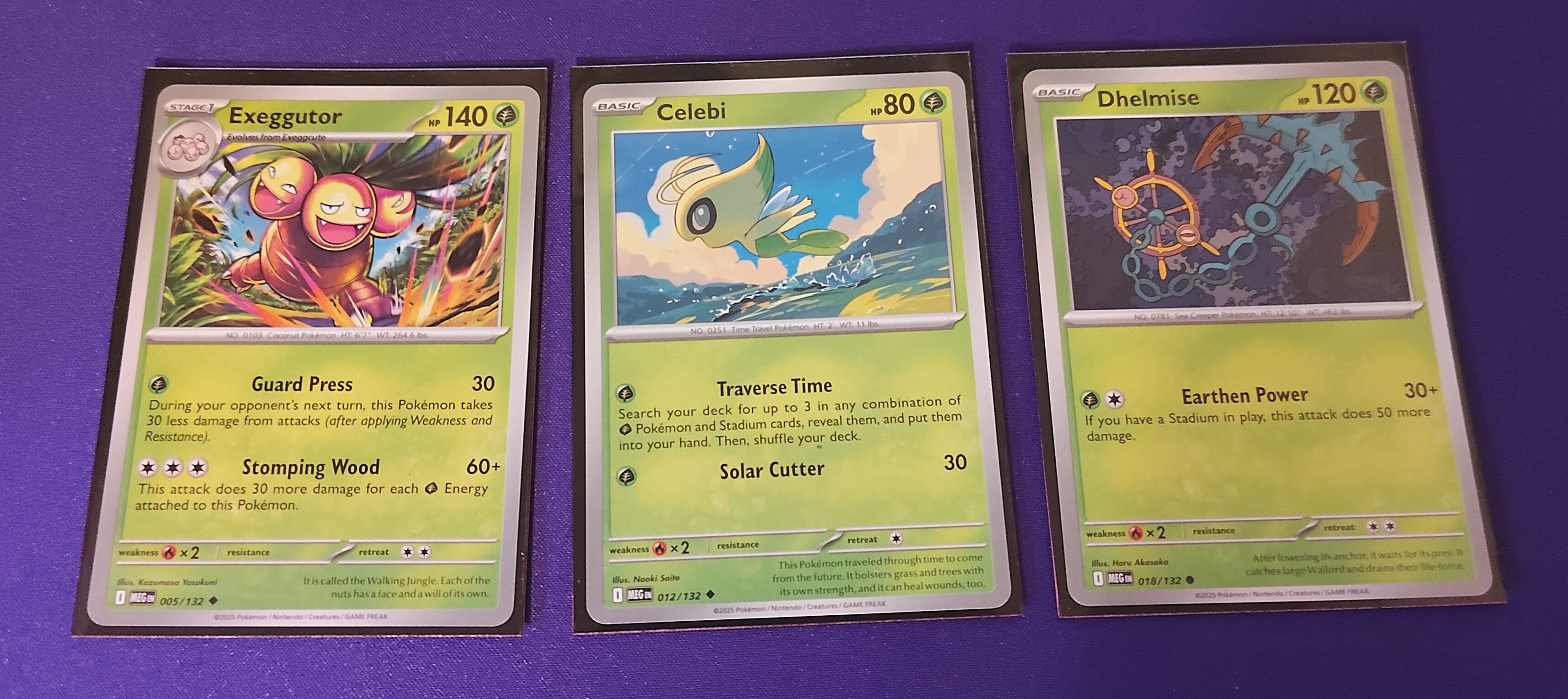 The Exeggutor, Celebi, and Dhelmise cards